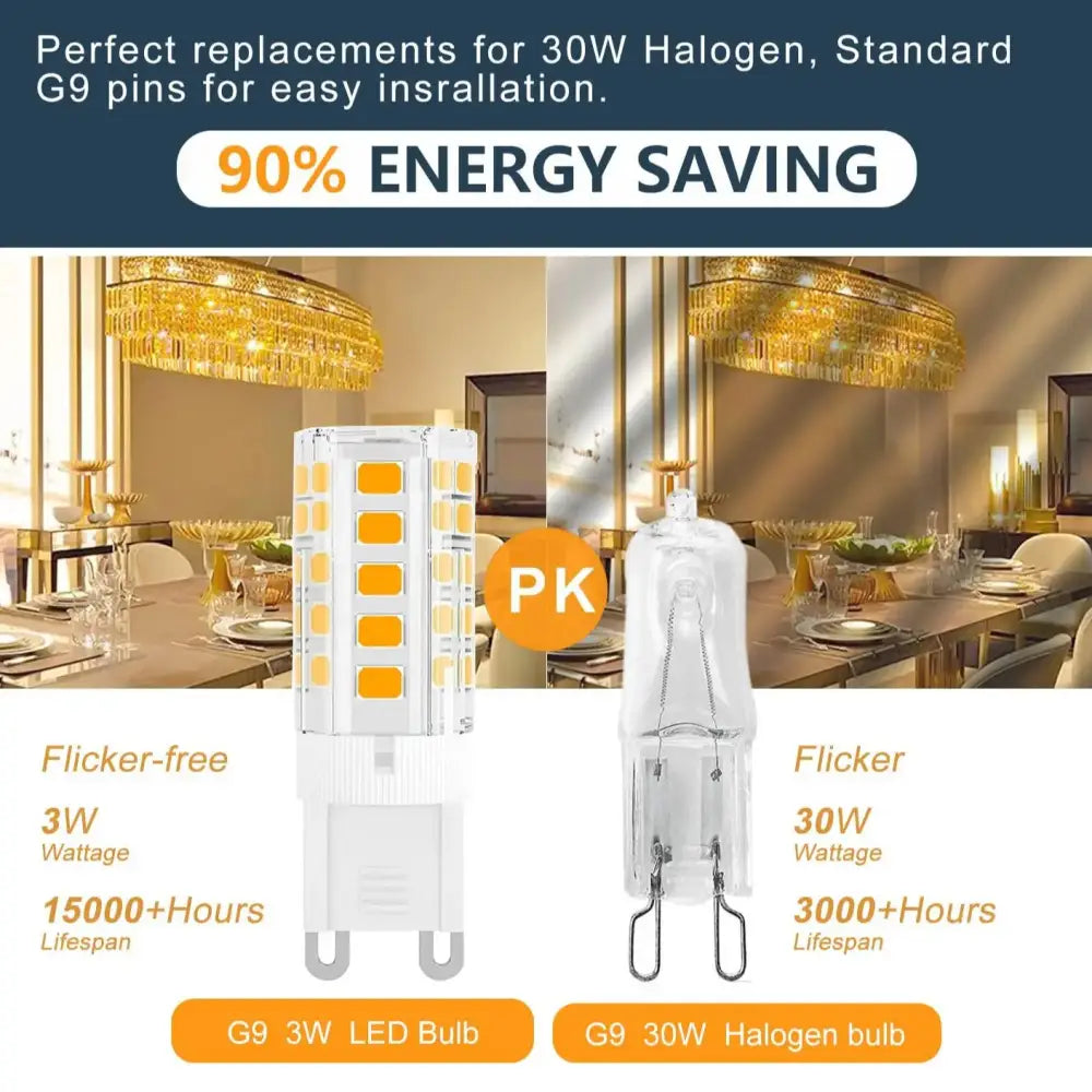 Warm white g9 3w led corn bulb with clear glass body and vertical yellow diodes for kitchen chandelier light