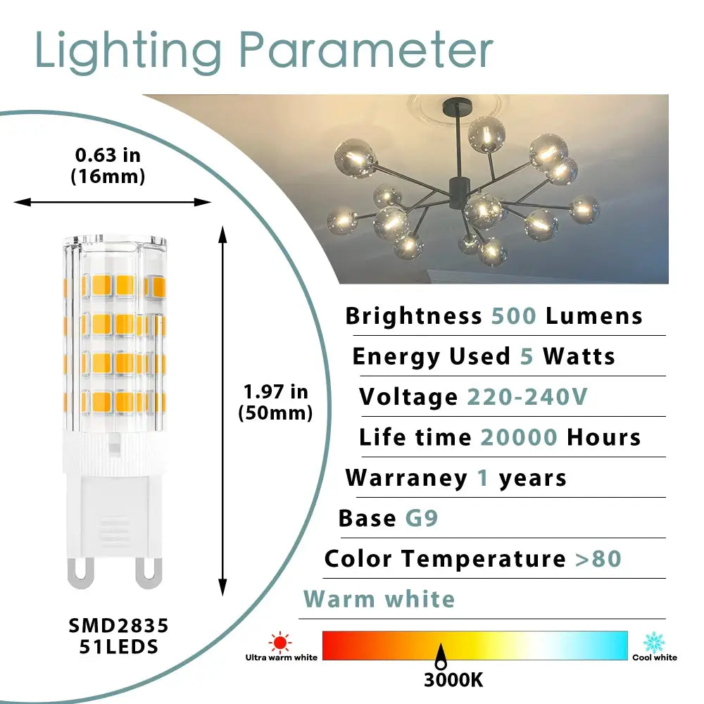 Warm white led corn bulb with 51 smd2835 leds and g9 base for kitchen chandelier lighting