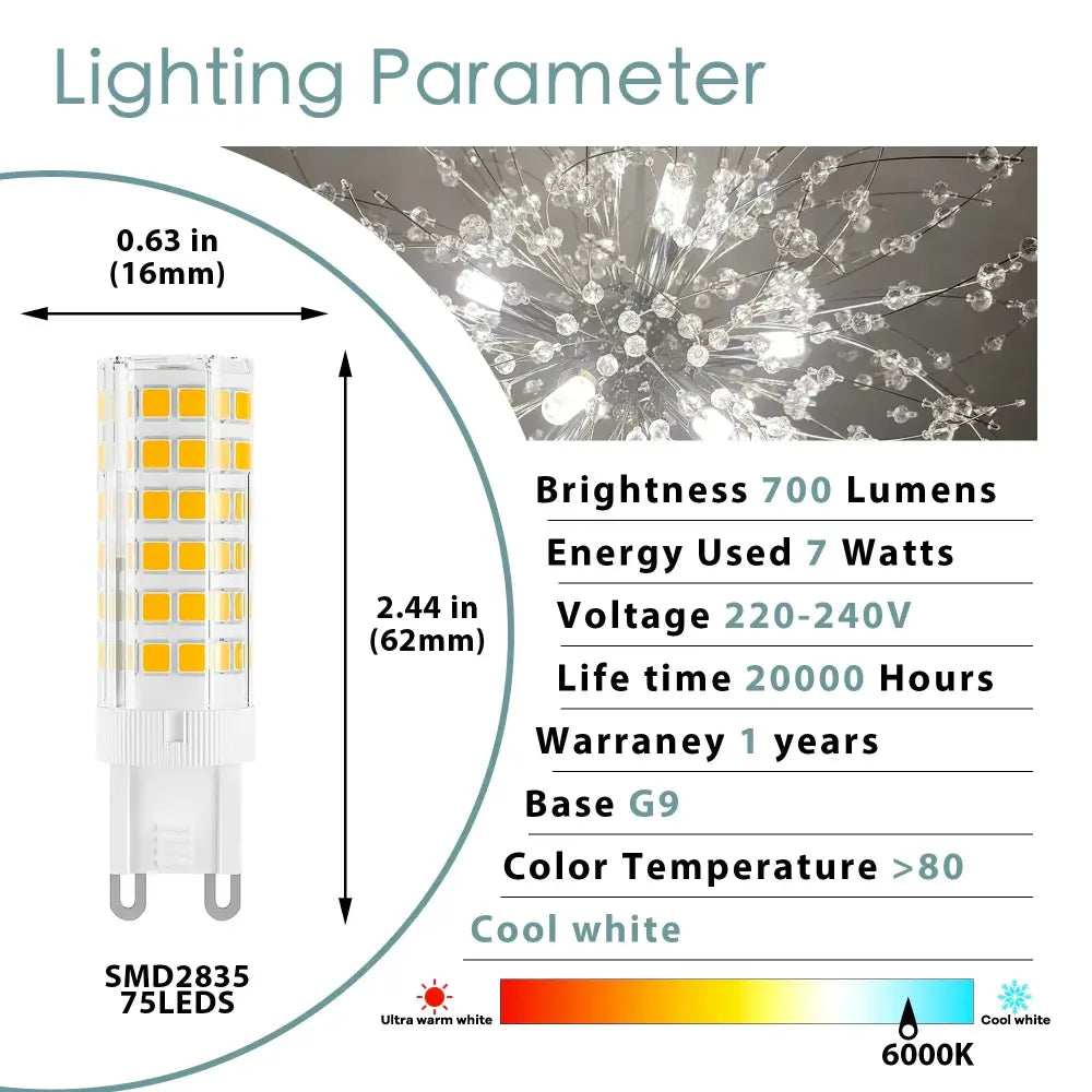 Warm white g9 led corn bulb with 75 smd2835 leds emitting cool white light for kitchen chandelier lighting