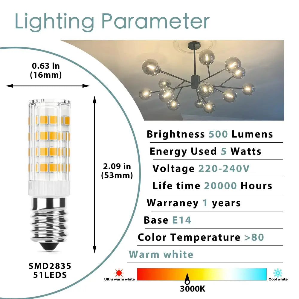 Warm white led corn bulb with 51 smd2835 leds and e14 base for kitchen chandelier lighting applications