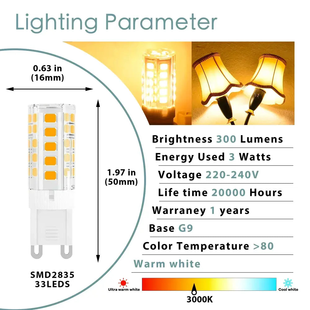 Warm white g9 led corn bulb with 33 smd2835 leds in a clear cylindrical design for kitchen chandelier lighting