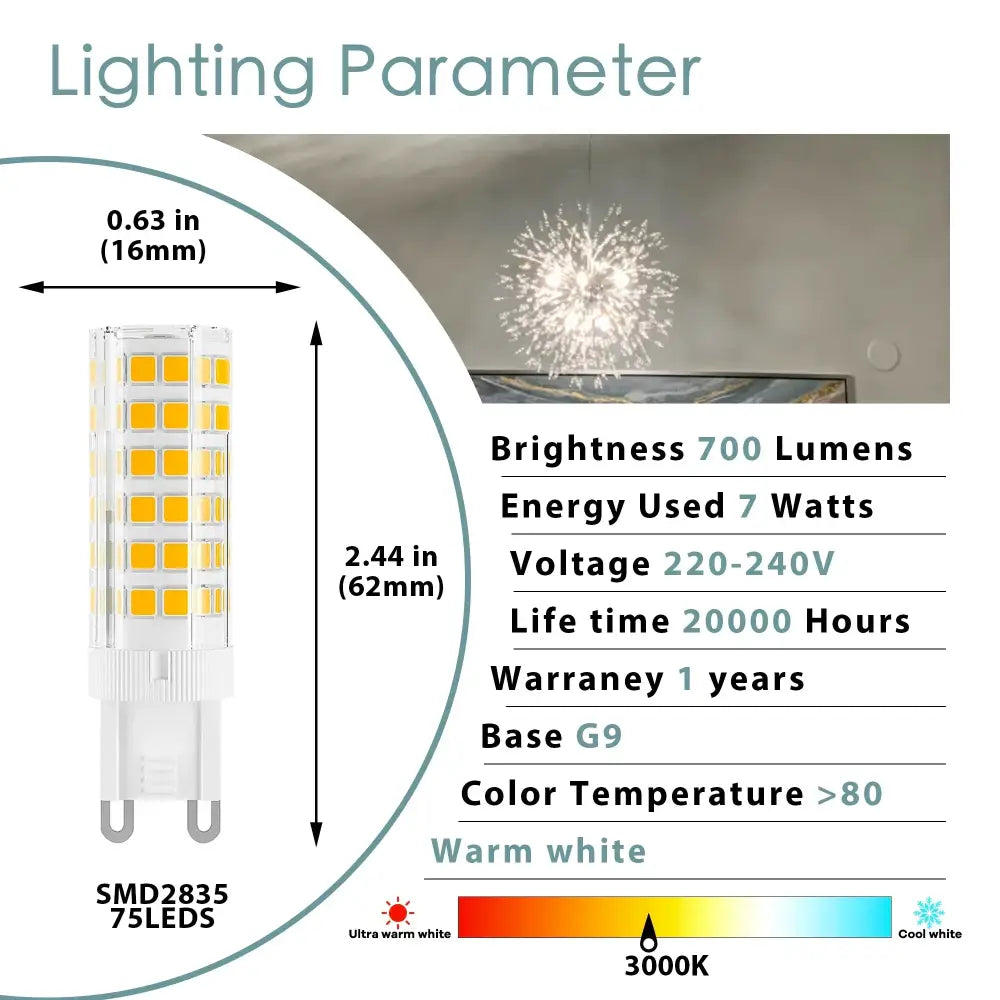 Warm white g9 led corn bulb with 75 smd2835 leds in a clear cylindrical design for kitchen chandelier lighting