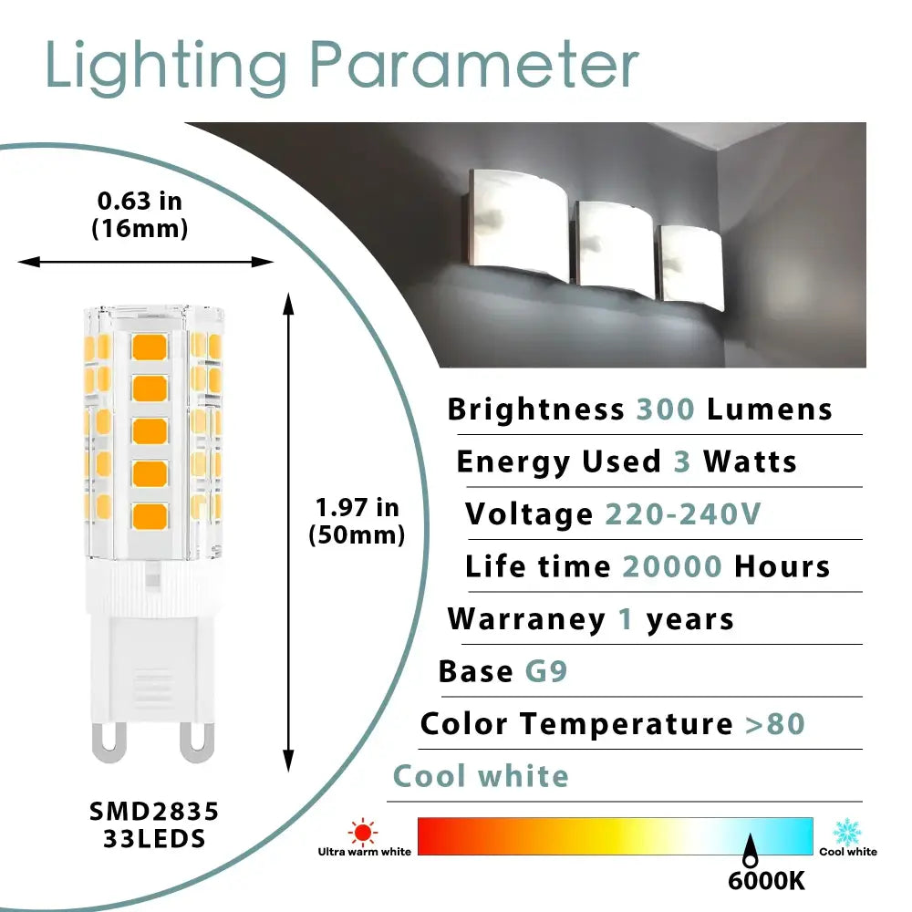 Clear glass led corn bulb with 33 smd2835 leds vertical column, white g9 base, emitting cool white light for kitchen chandelier