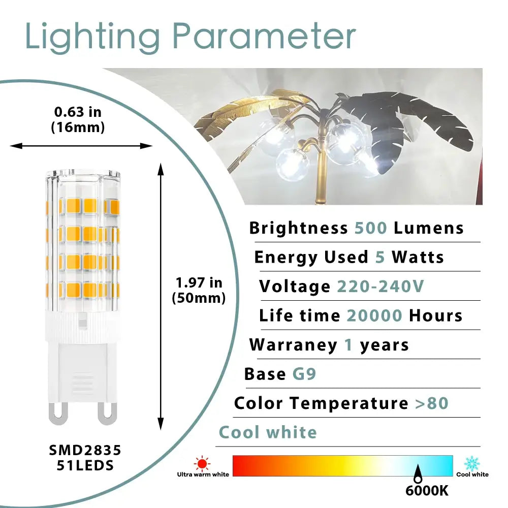 Warm white g9 led corn bulb with 51 smd2835 leds emitting bright 500 lumens at 5 watts for kitchen chandelier use
