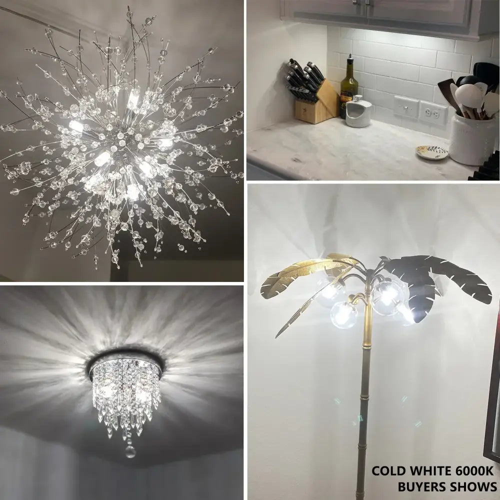 The image shows four lighting fixtures including a warm white g9 led corn bulb kitchen chandelier light with crystal and glass elements