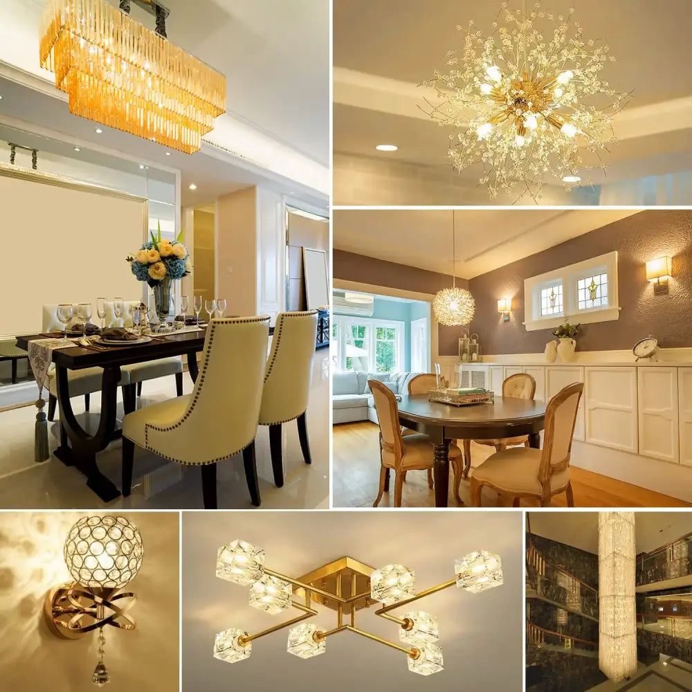 A golden crystal-encrusted kitchen chandelier with a modern branching design featuring warm white led corn bulb