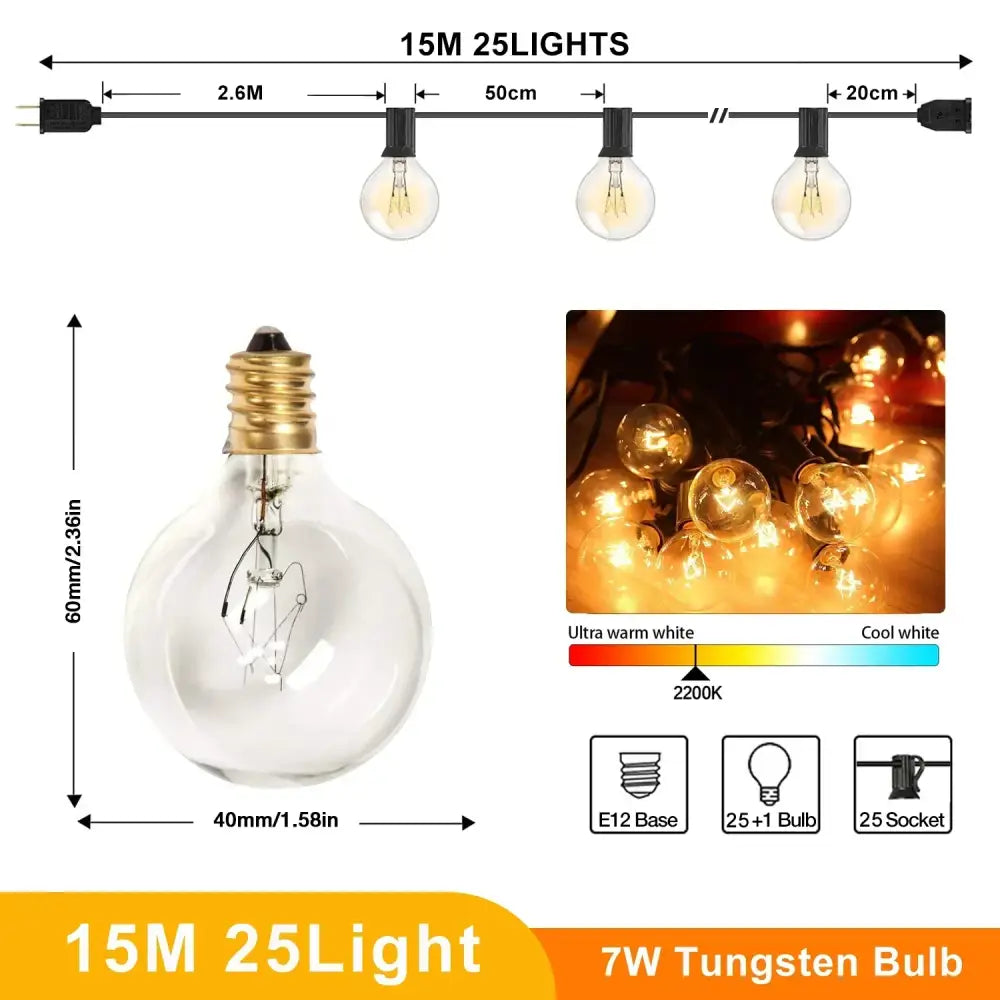 15-meter warm white decorbites g40 tungsten string lights with 25 e12 base g40 tungsten outdoor bulbs for garden decor