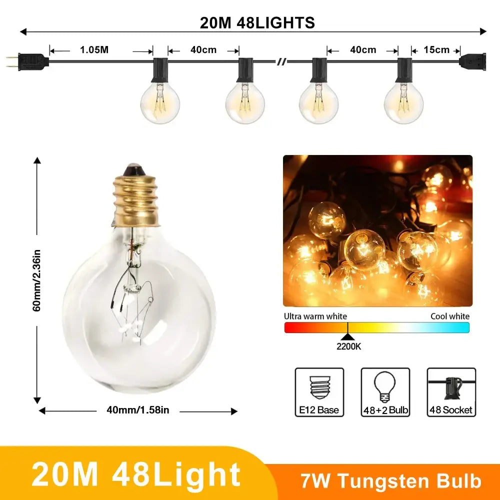 Clear glass globe bulb with brass e12 base and 7w tungsten filament for warm white decorbites g40 tungsten string lights outdoor use