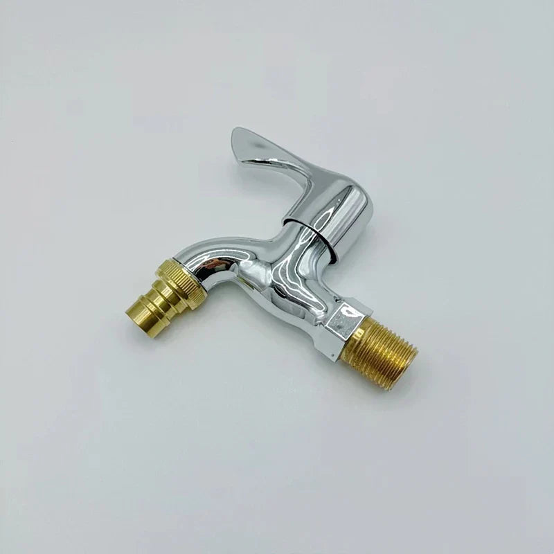 Chrome-finished washer faucet with brass connectors and plastic quick connector for cold water garden tap use