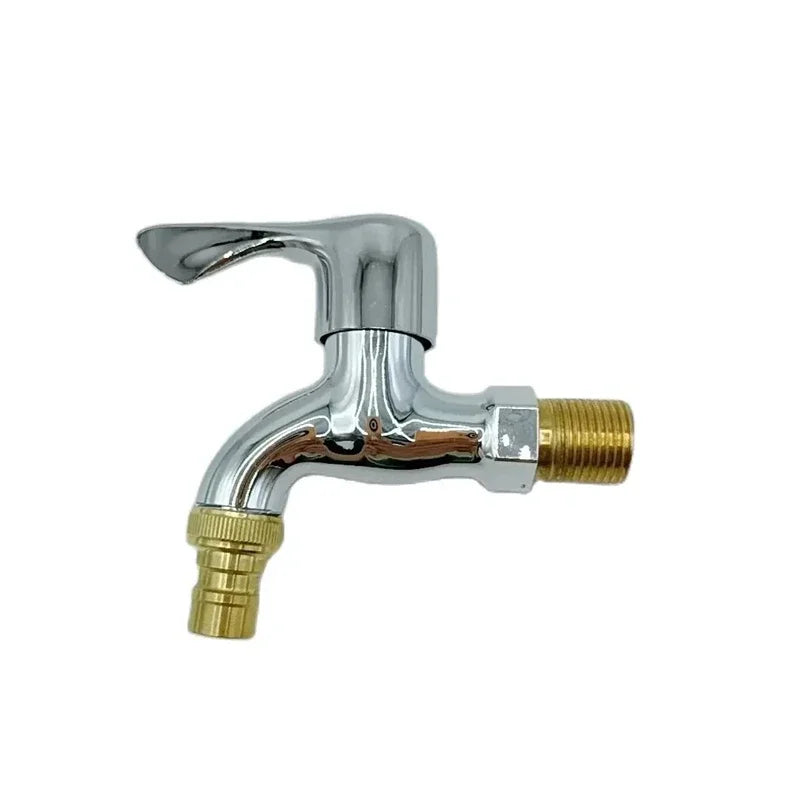 Chrome-finished cold water tap with brass connectors and curved spout for wall mounted bidet tap or garden use