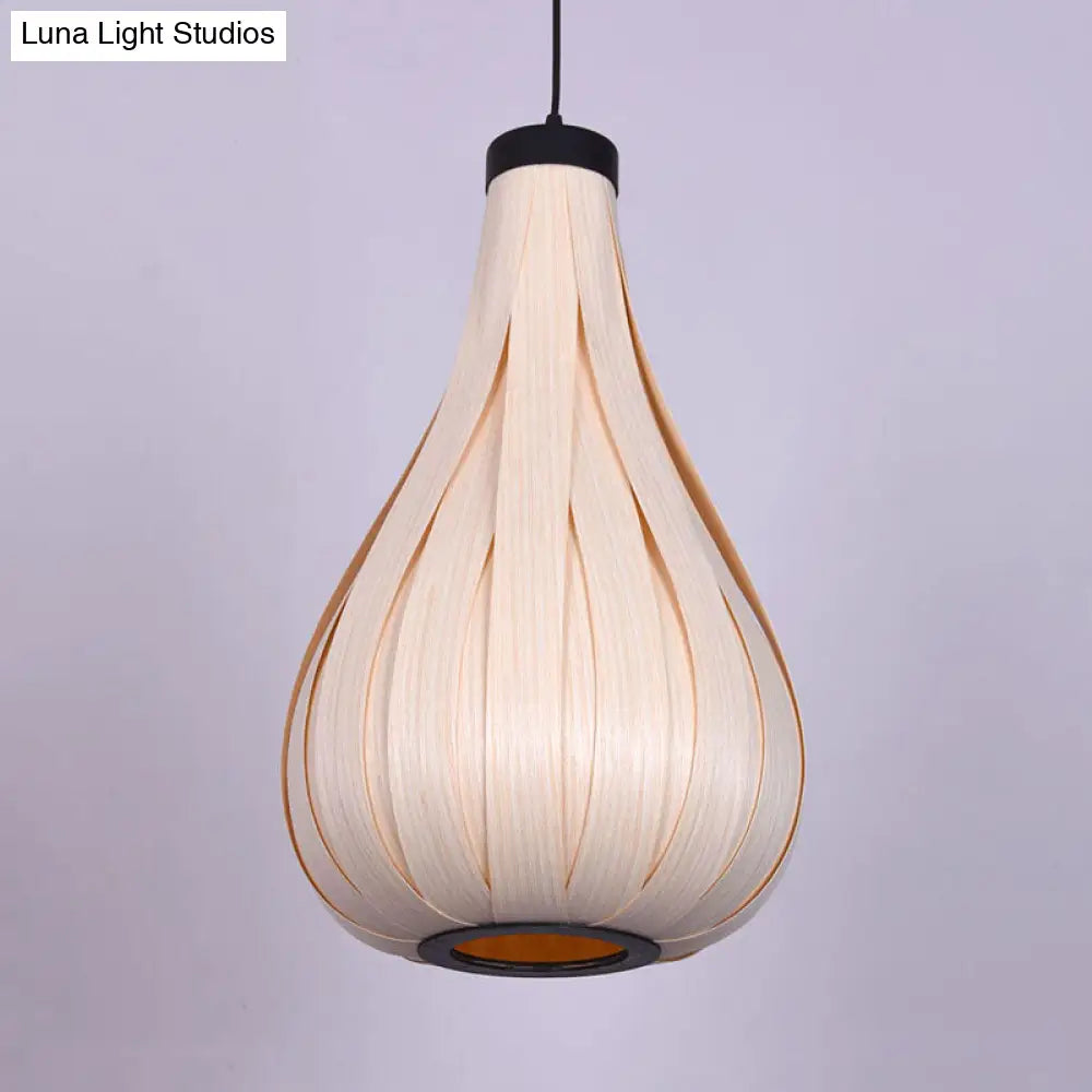 Water Drop Pendant Light - Brown/White Asian Style Wooden Hanging Lamp for Dining Table