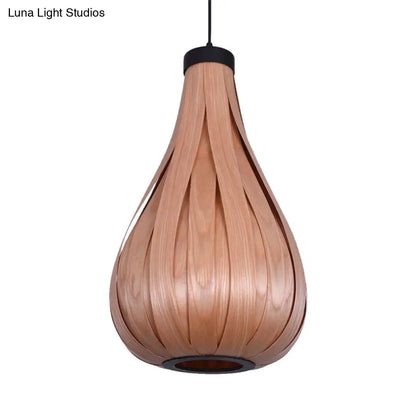 Water Drop Pendant Light - Brown/White Asian Style Wooden Hanging Lamp for Dining Table