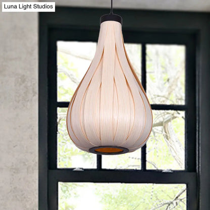 Water Drop Pendant Light - Brown/White Asian Style Wooden Hanging Lamp for Dining Table