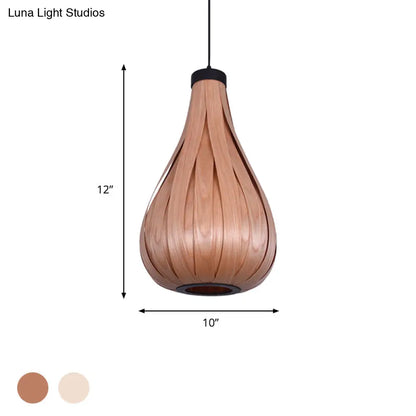 Water Drop Pendant Light - Brown/White Asian Style Wooden Hanging Lamp for Dining Table