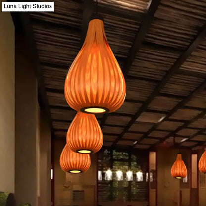 Water Drop Pendant Light - Brown/White Asian Style Wooden Hanging Lamp for Dining Table