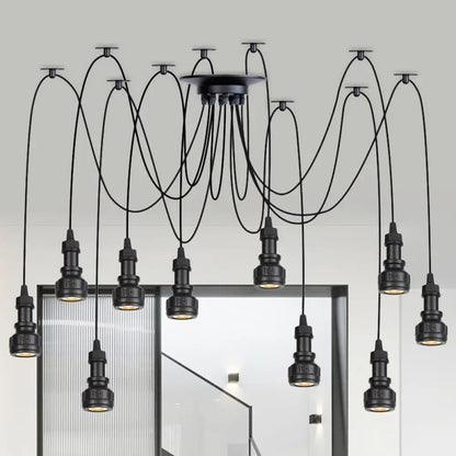 Water Pipe Multi Light Chandelier - Farmhouse-Style Black Iron Swag LED Pendant