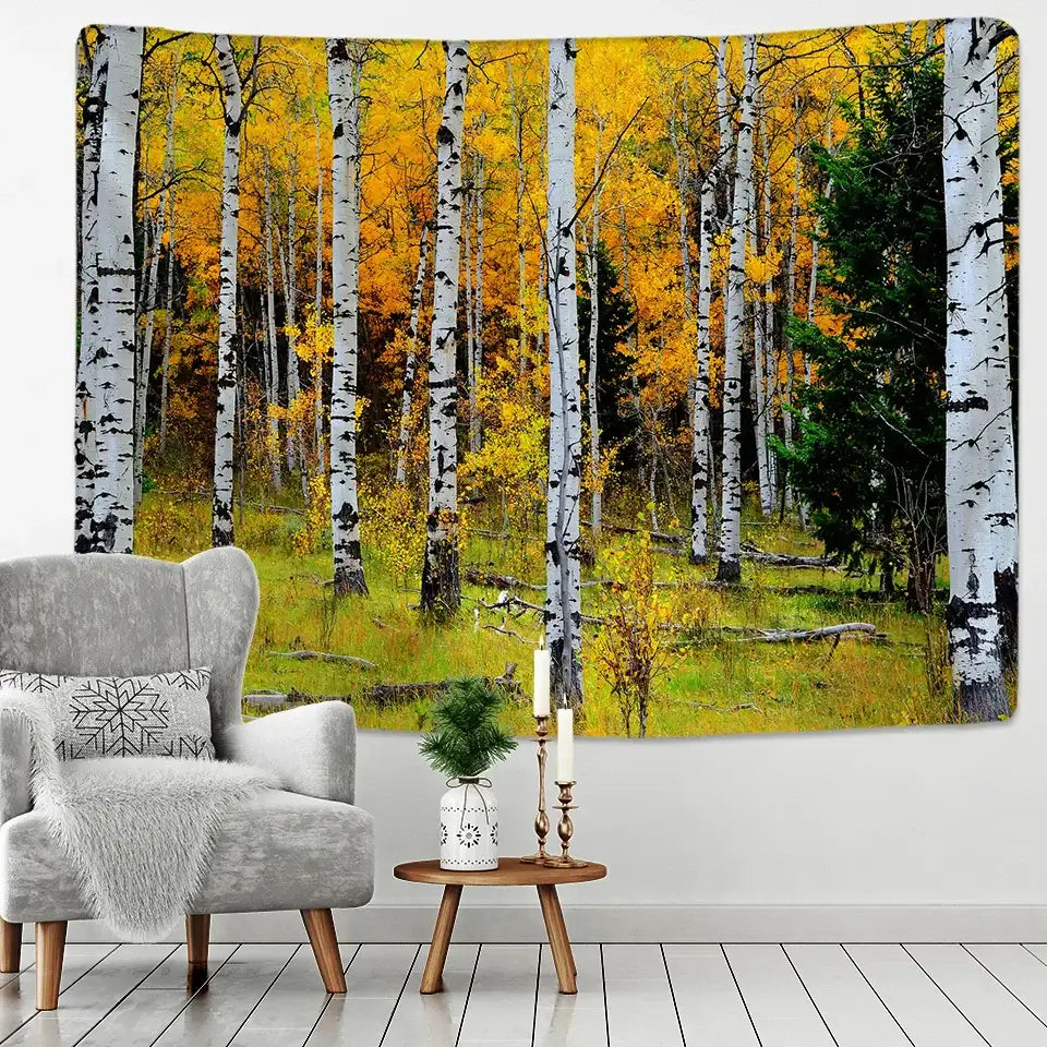 Autumn-themed birch forest wall tapestry with vibrant yellow foliage and white bark for starry sky decorbites decor