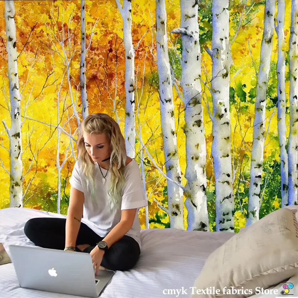 Silver apple laptop with decorbites birch forest starry sky wall tapestry for bedroom art decor