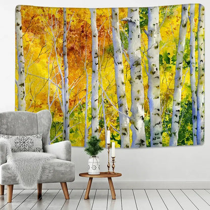 Vibrant autumn birch forest starry sky wall tapestry with white bark and golden-yellow foliage for bedroom decorbites birch forest decor