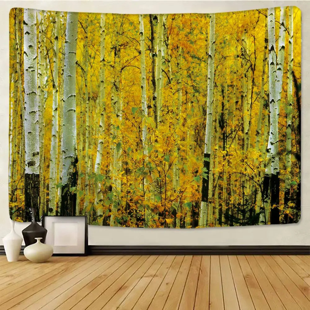 A vibrant autumn-themed decorbites birch forest tapestry with white bark and golden foliage under starry sky decor