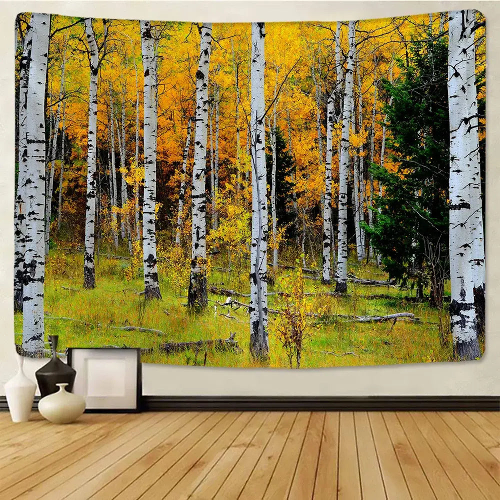 A vibrant autumn-themed decorbites birch forest wall tapestry with white trees golden foliage and starry sky decor