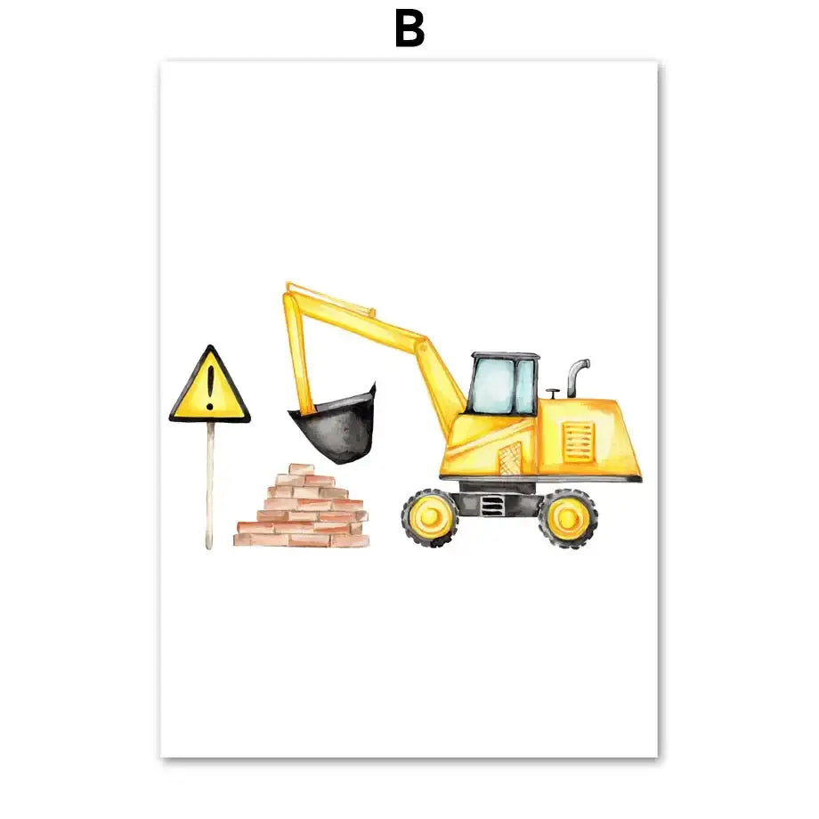 Yellow watercolor construction excavator motion canvas print with warning sign and brick pile nursery wall decorbites adventures canvas print