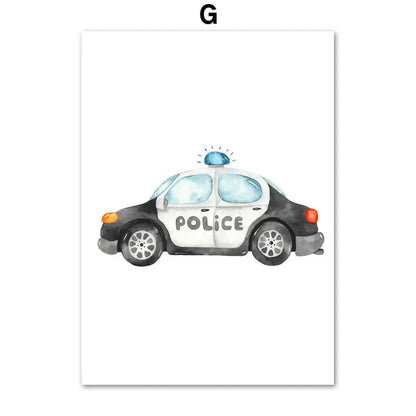Watercolor emergency vehicle canvas print featuring a black and white police car with blue lights for nursery decorbites adventures decor