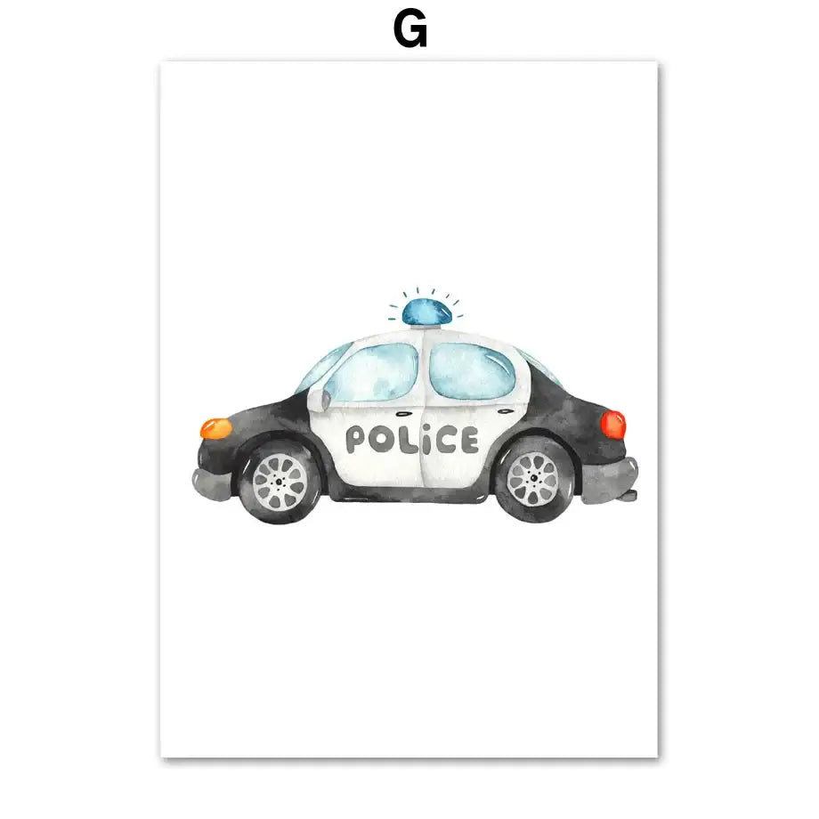 Watercolor emergency vehicle canvas print featuring a black and white police car with blue lights for nursery decorbites adventures decor