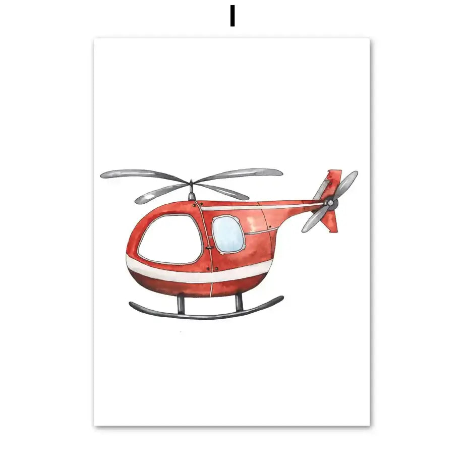 A watercolor canvas print of a red emergency helicopter with white stripes by decorbites adventures motion canvas print