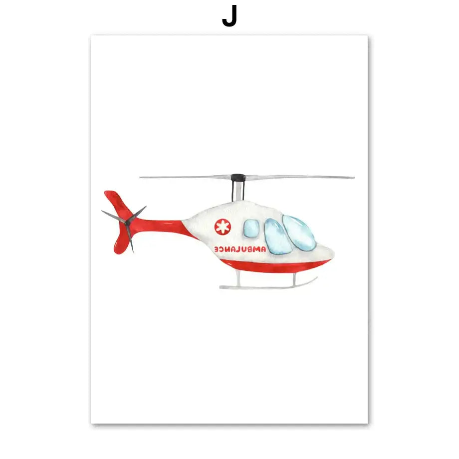 A watercolor red and white ambulance helicopter canvas print with blue windows for decorbites adventures nursery decor