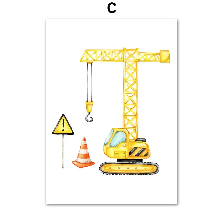 Yellow watercolor construction crane and excavator canvas print for nursery decorbites adventures motion canvas print