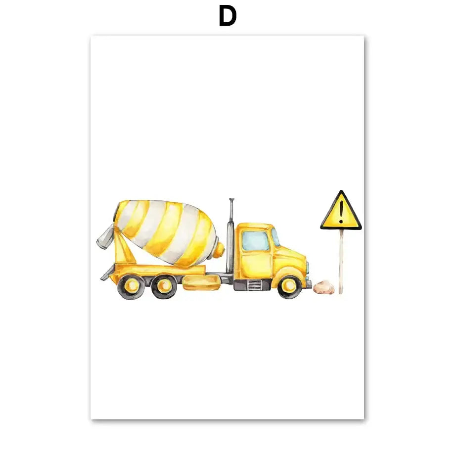 Yellow watercolor cement mixer truck canvas print with striped drum and caution sign for decorbites adventures nursery wall decor