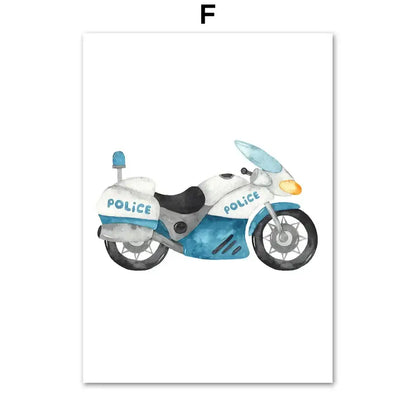 Watercolor emergency vehicle canvas print of a blue and white police motorcycle for decorbites adventures nursery decor