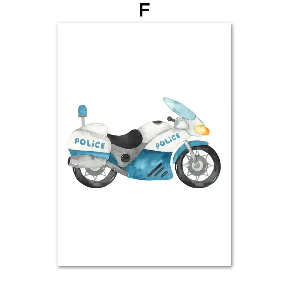 Watercolor emergency vehicle canvas print of a blue and white police motorcycle for decorbites adventures nursery decor