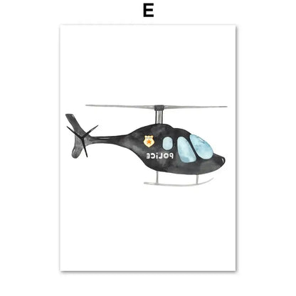 Black watercolor police helicopter illustration with light blue windows and gold badge motion canvas print decorbites adventures