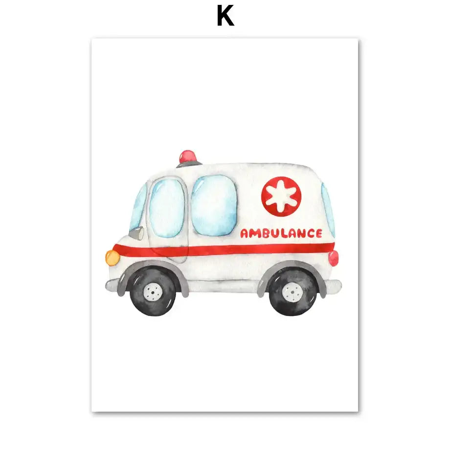 White watercolor ambulance canvas print with red stripes and star emblem for decorbites adventures nursery wall decor