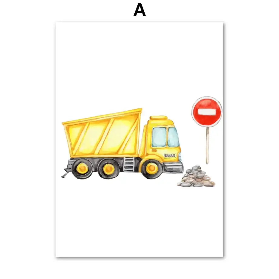 Yellow watercolor dump truck canvas print with black wheels and red stop sign for decorbites adventures nursery wall decor