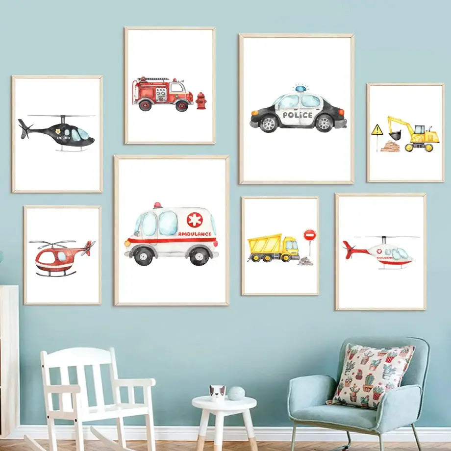 Set of eight framed colorful watercolor emergency vehicle prints for nursery wall decor by decorbites adventures motion canvas print