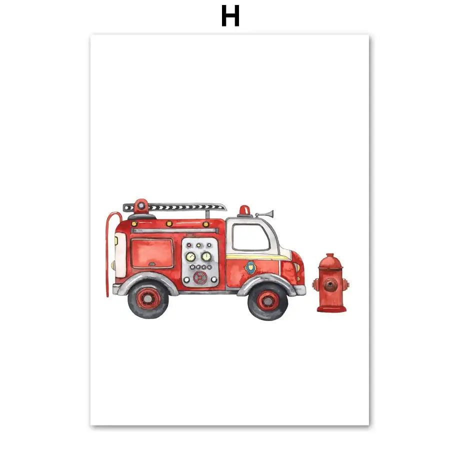 Red watercolor fire truck motion canvas print with white accents and matching hydrant for decorbites adventures nursery decor