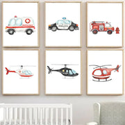 Set of six framed colorful watercolor emergency vehicle prints including ambulance and fire truck for nursery decorbites adventures motion canvas print