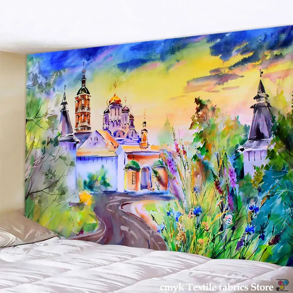 Vibrant watercolor decorbites 3d printed mandala wall hanging featuring russian orthodox church and colorful wildflowers