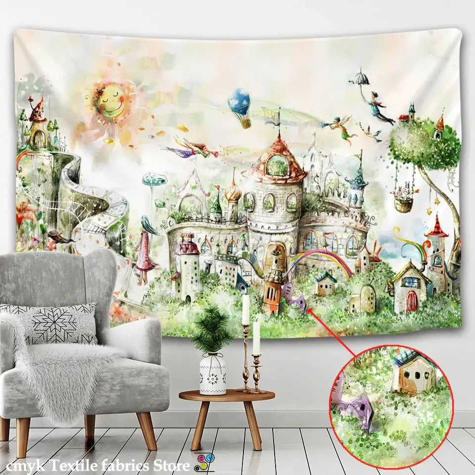 Watercolor fantasy castle printed mandala wall hanging with whimsical details in soft pastel colors for bedroom decorbites 3d printed decor