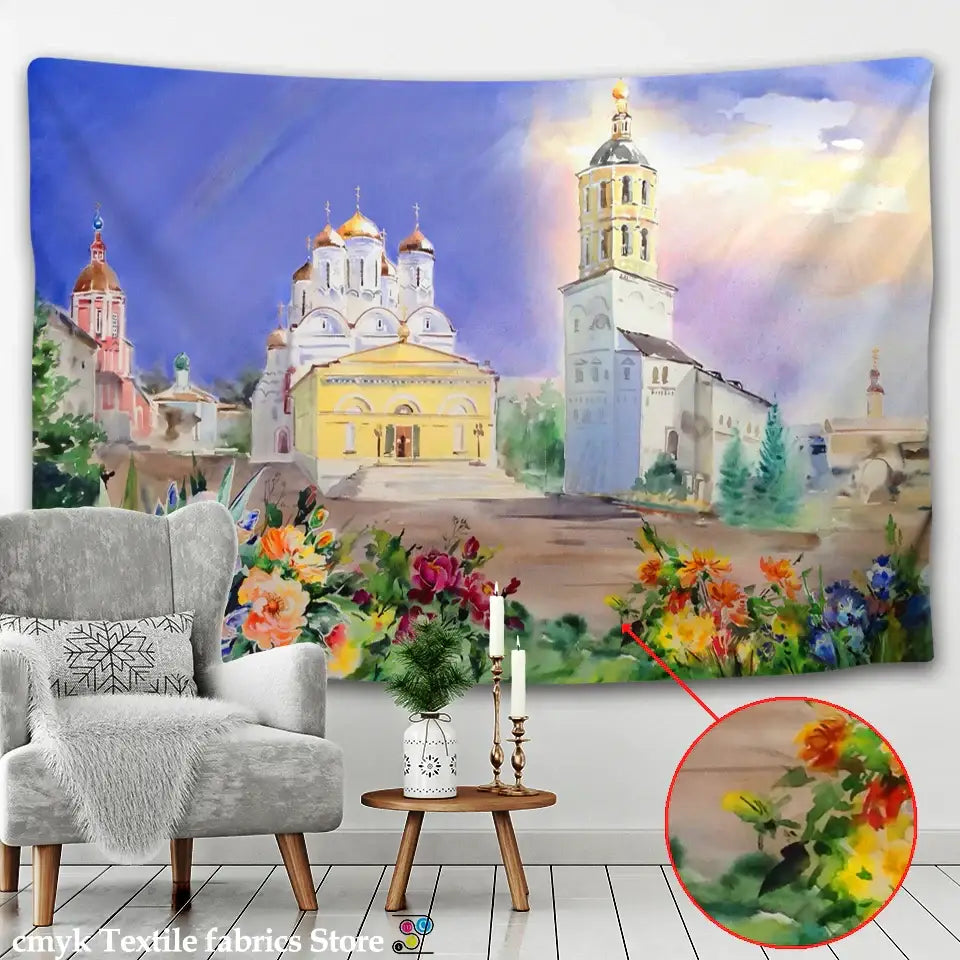 Watercolor fantasy castle printed mandala wall hanging featuring a russian orthodox church with vibrant floral decorbites 3d printed design