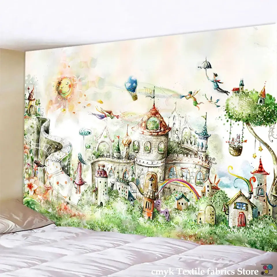 A whimsical watercolor fantasy castle printed mandala wall hanging in pastel greens pinks and yellows for bedroom decorbites decorbites 3d printed