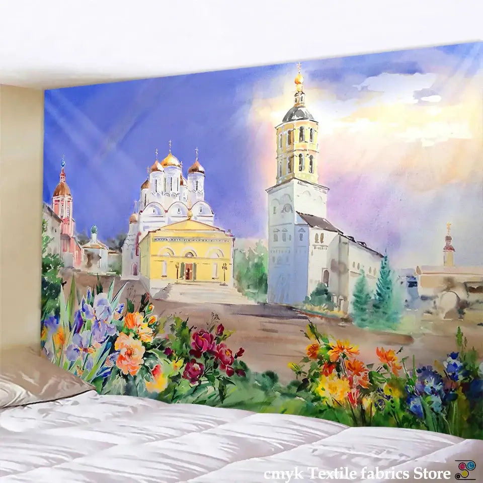 Watercolor fantasy castle printed mandala wall hanging featuring a Russian Orthodox church with golden domes and vibrant flowers decorbites 3d printed decor