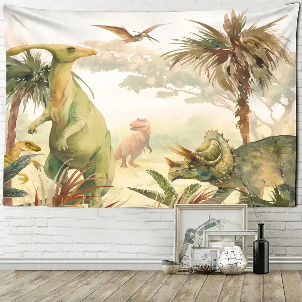 Soft watercolor style green and pink dinosaur tapestry wall hanging decorbites dinosaur tapestry for boy room decor