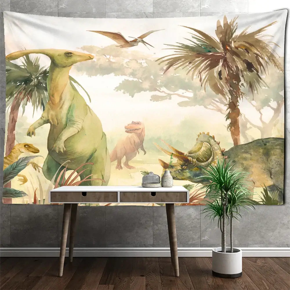 Soft watercolor wall hanging featuring a green and pink decorbites dinosaur tapestry for boy room decorbites dinosaur tapestry