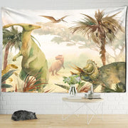Soft watercolor green and pink dinosaur tapestry wall hanging featuring parasaurolophus for boy room decorbites dinosaur tapestry