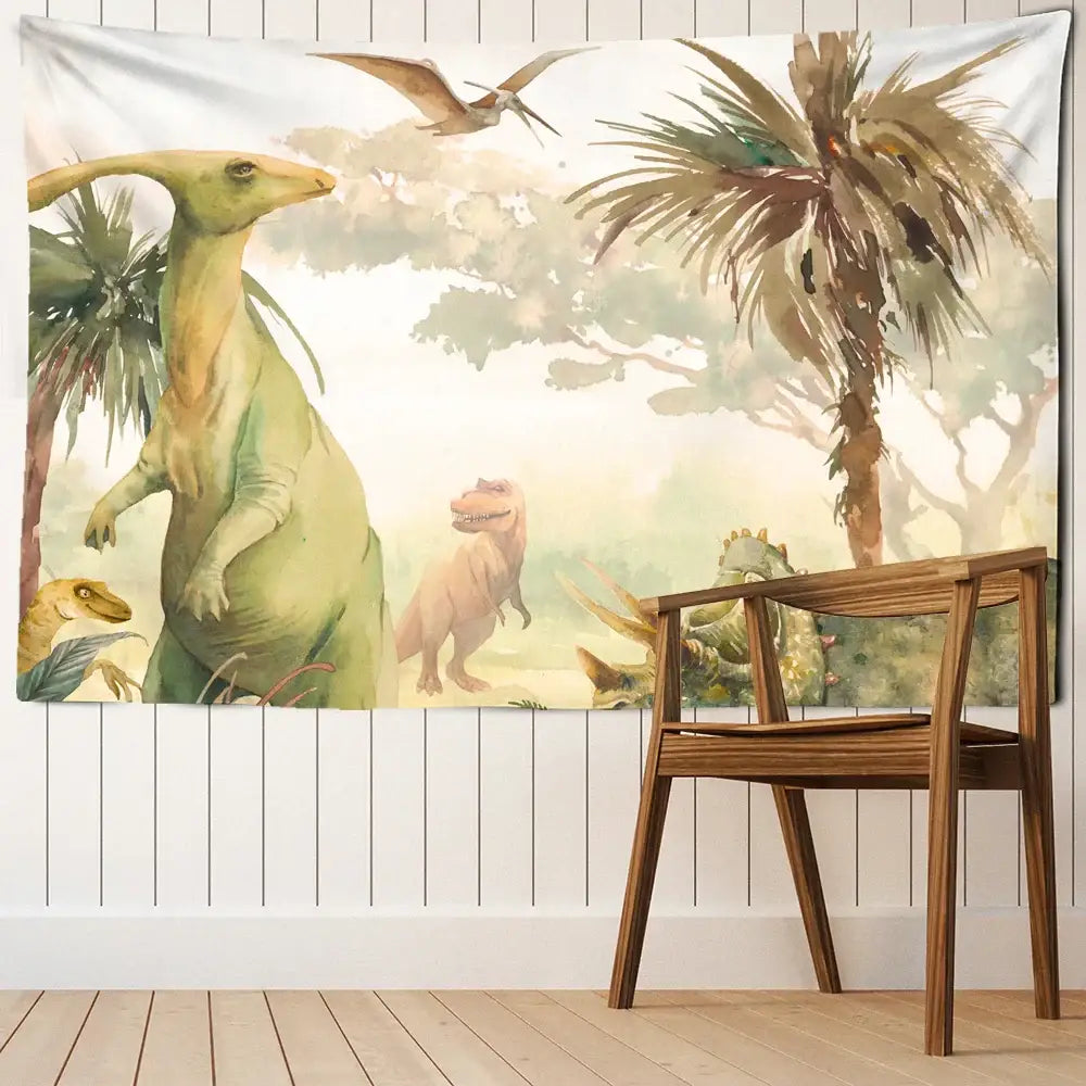 Watercolor green and pink dinosaur tapestry wall hanging featuring parasaurolophus and tyrannosaurus rex for boy room decorbites dinosaur tapestry wall
