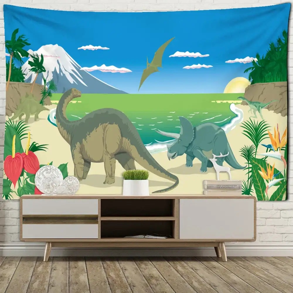 Watercolor green and pink dinosaur tapestry wall hanging featuring a sauropod and triceratops for boy room decorbites dinosaur tapestry wall decor